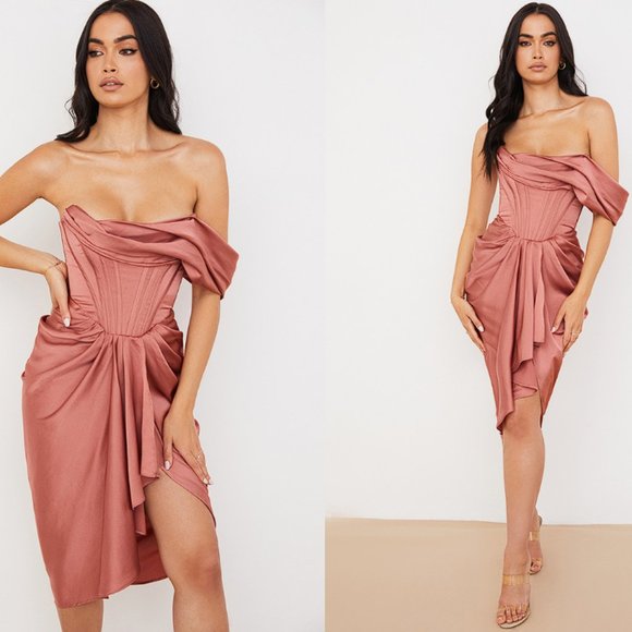 House of CB ‘Janis’ Rouge Satin One Shoulder Draped Midi Dress NWOT - Picture 4 of 17